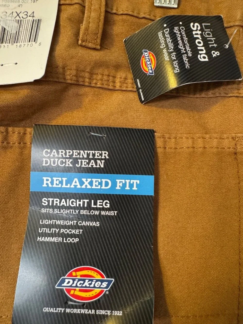Dickies Carpenter Duck Pants 34/34 Straight Leg NWT Lightweight Canvas Cargo